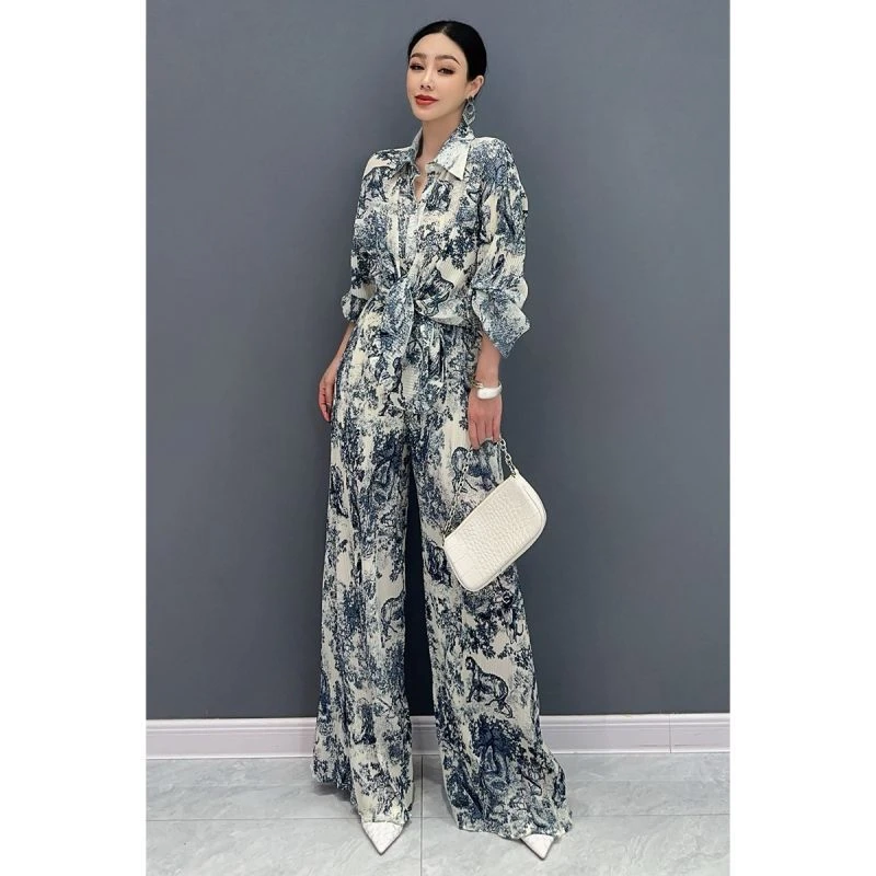 2025秋季新款时尚套装双拼色绘画休闲运动百搭衬衫长裤两件套