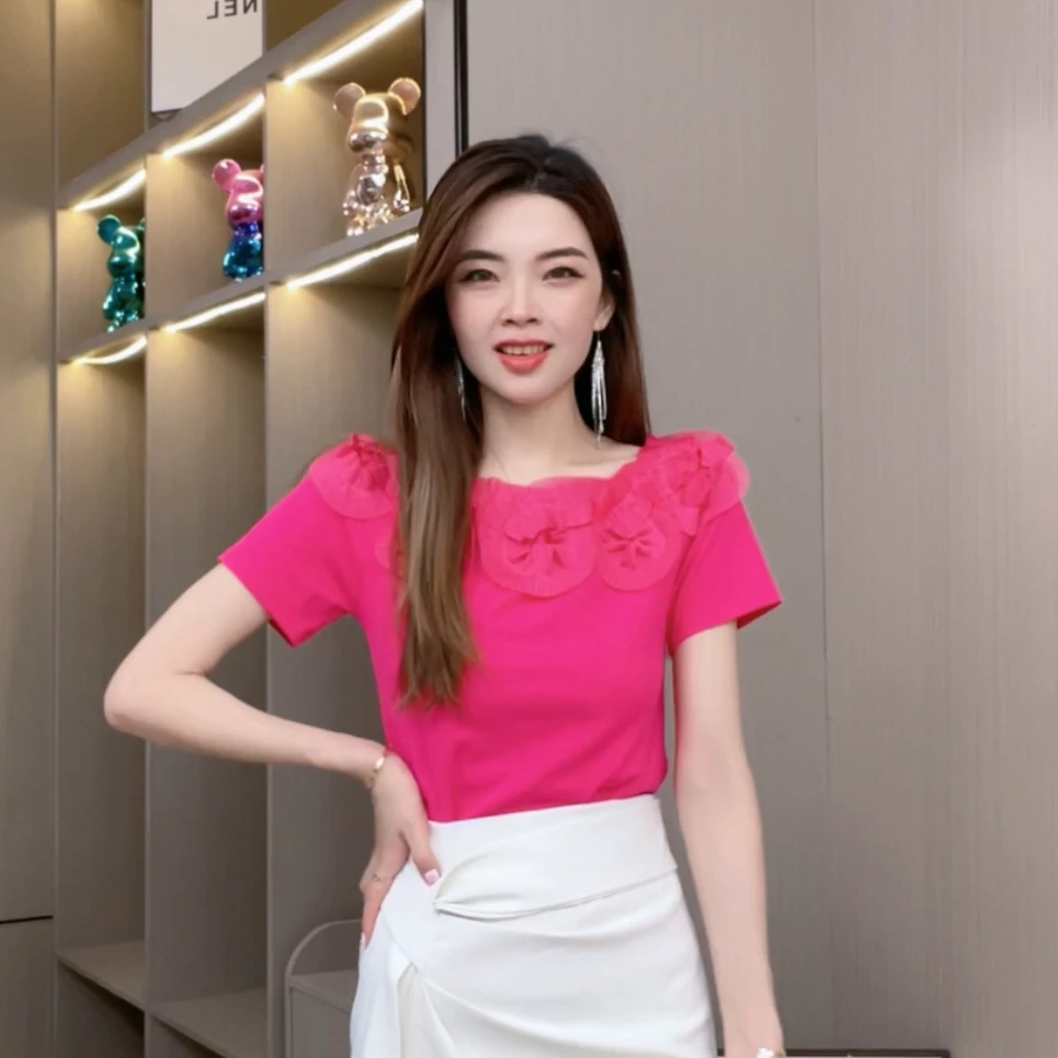 手工立体贴花露肩时尚短袖T恤女2024夏新款洋气修身显瘦上衣小衫