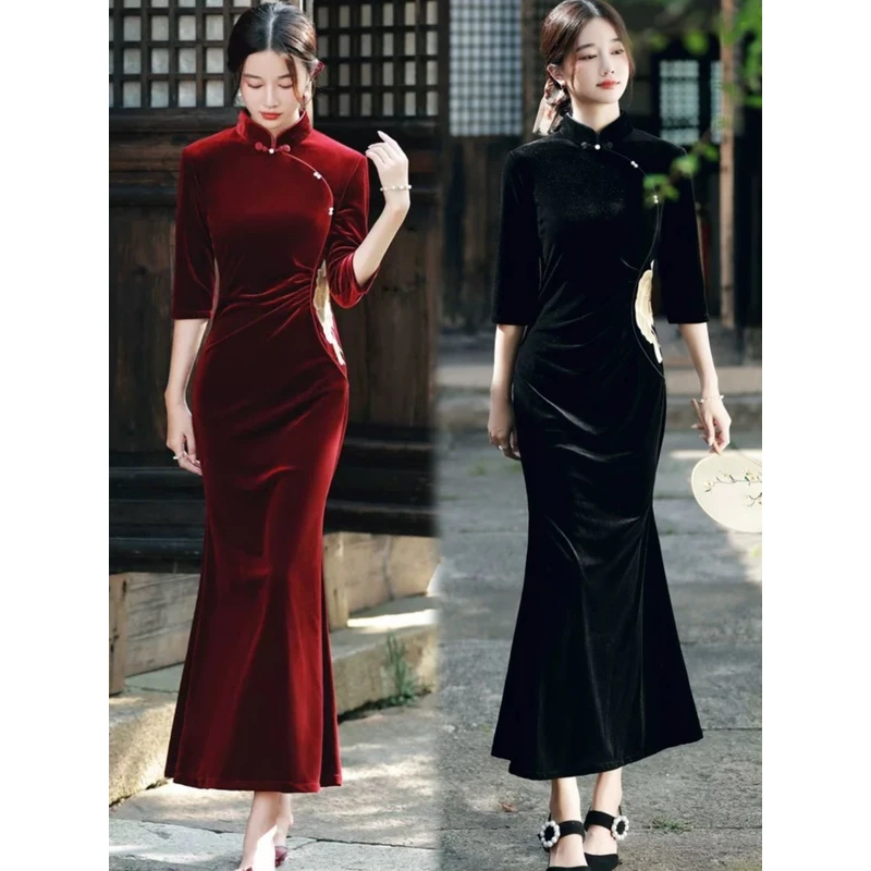 鱼尾旗袍裙秋冬高档金丝绒绣花喜妈妈礼服长款日常改良宴会连衣裙