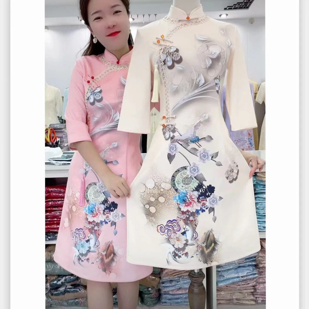 TY【荣华富贵】秋季A版口袋旗袍国风印花改良版气质显瘦中长款旗袍