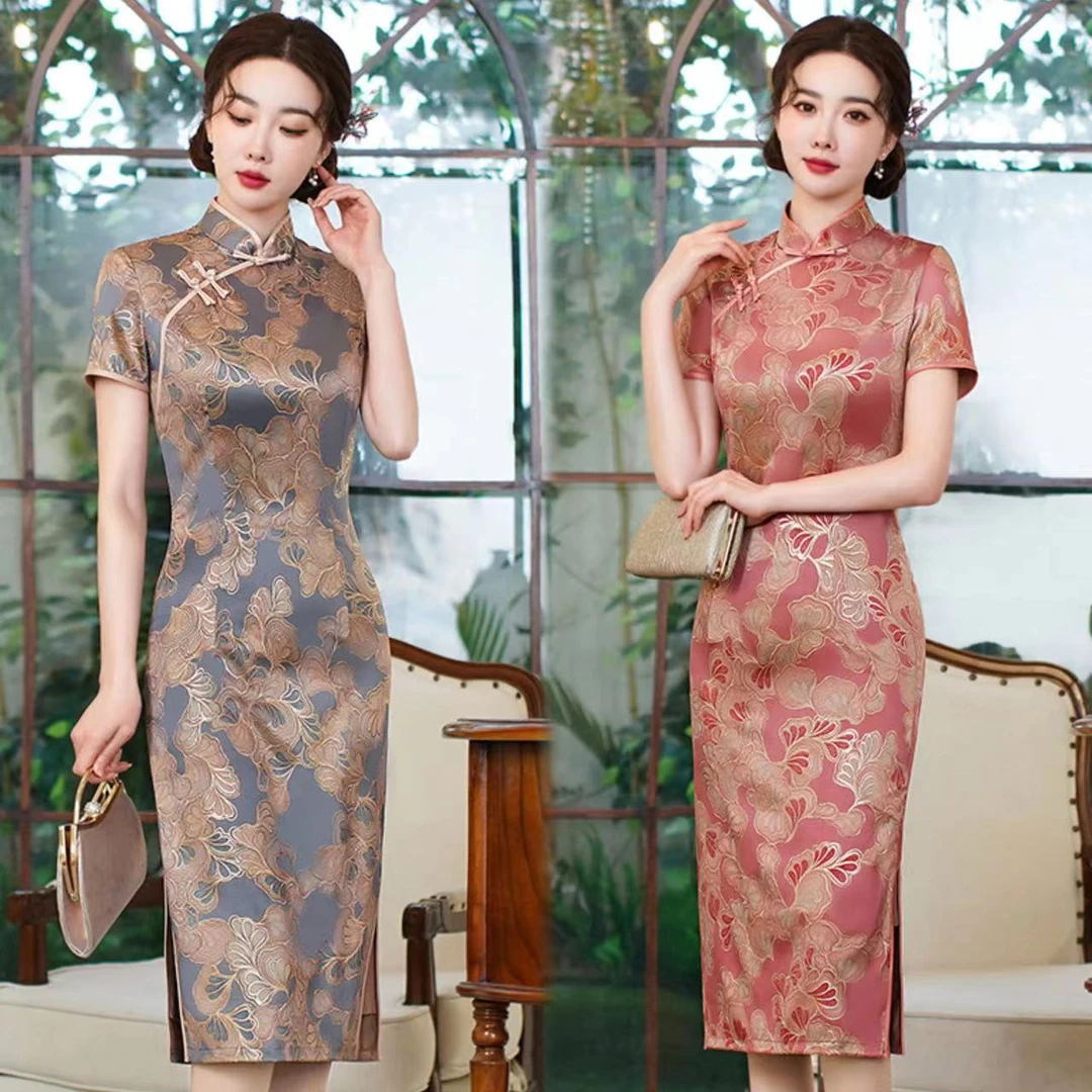 MX【高端银杏】烫金旗袍女夏款烫金中长款传统中国风复古气质旗袍