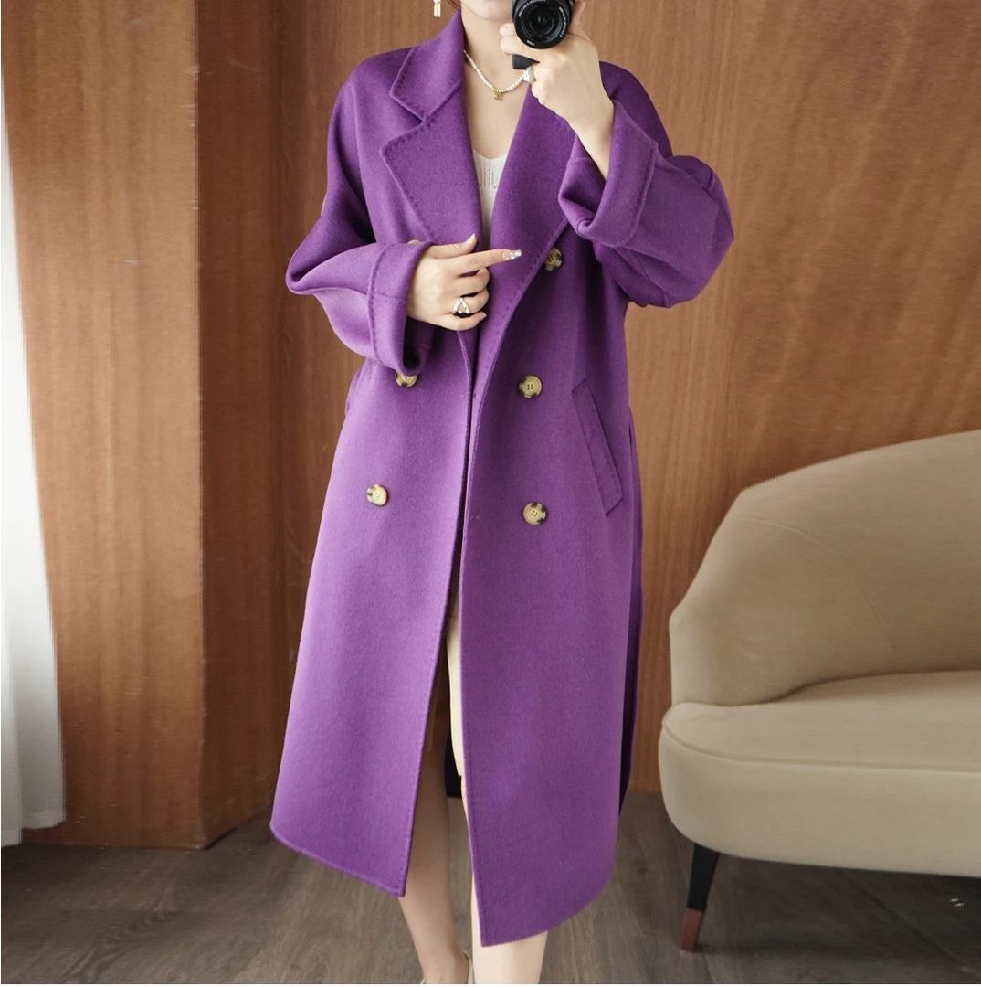 秋冬款双排扣中长款西装领100%纯羊毛双面长款呢外套气质百搭2020