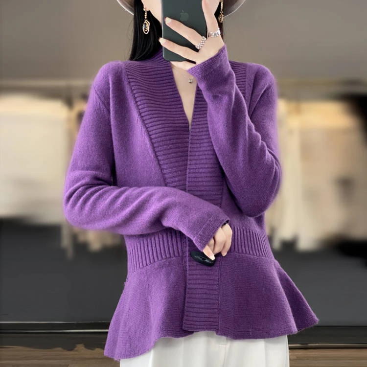 短款时尚小香风优雅气质牛角扣鱼尾收腰款羊毛开衫显瘦外套2266