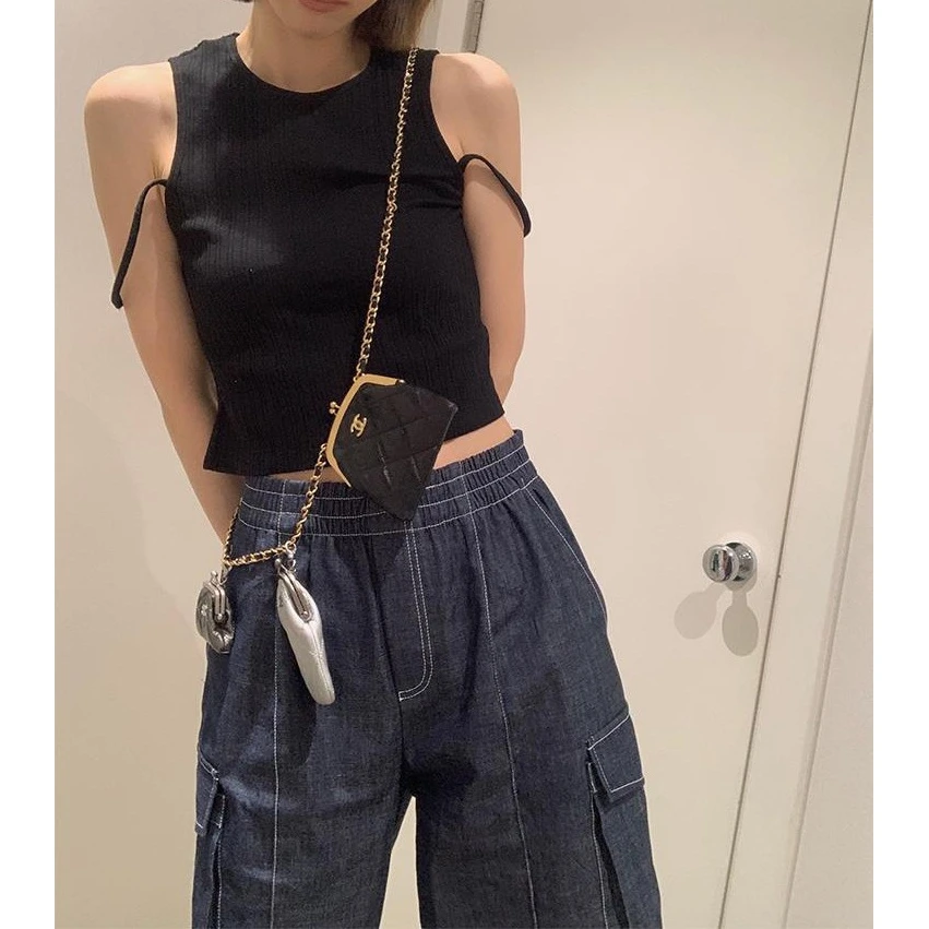 罗纹针织工字背心女夏新款别致双肩带修身遮副乳吊带上衣短款打底