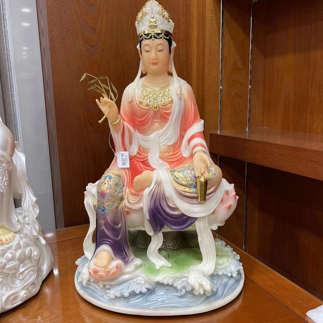 19寸汉白玉自在体彩绘观音弥勒家庭摆件