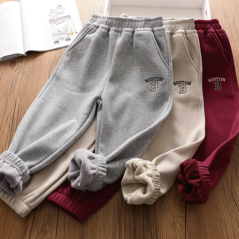 女童一体加绒运动裤字母灯笼休闲长裤中大儿童加厚宽松卫裤深秋冬