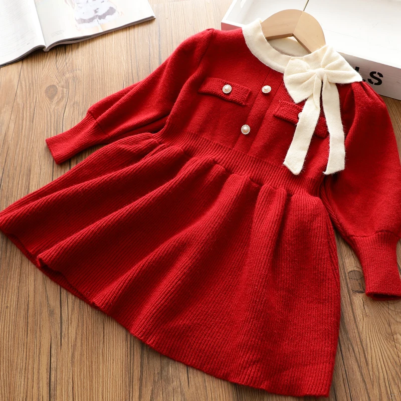 新年装女童复古小香风毛衣连衣裙儿童蝴蝶结百褶针织公主冬季裙子