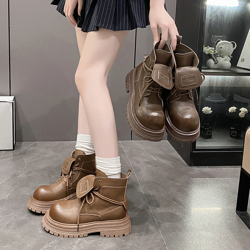 【ONEONE】-西部牛仔-英伦风靴子女2024新款厚底工装增高机车马丁靴