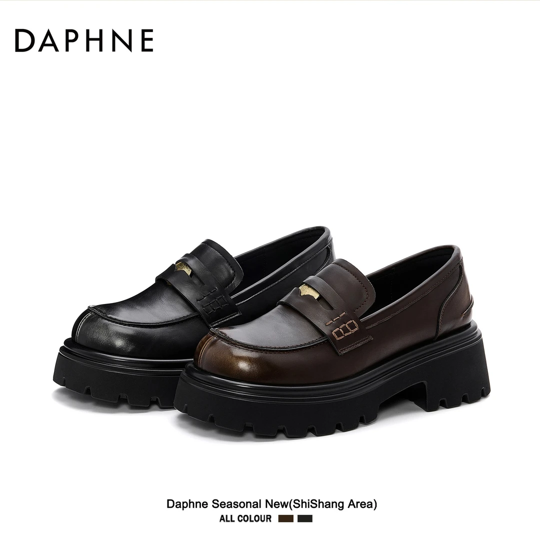 达芙妮英伦风厚底小皮鞋女2025春秋新款松糕乐福鞋高跟懒人单鞋s