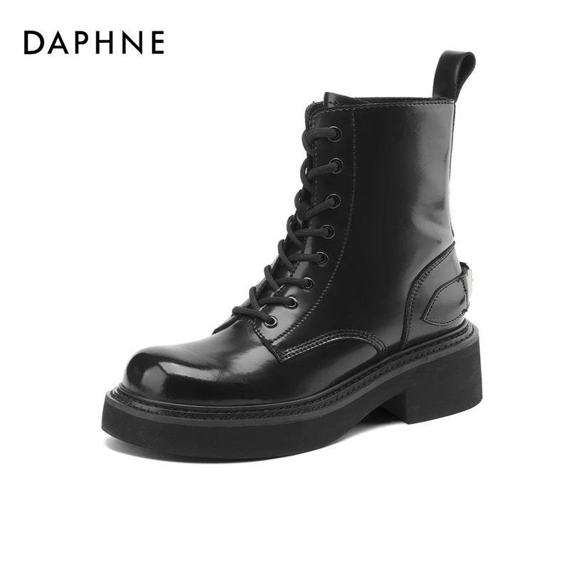 Daphne/达芙妮马丁靴气质新款春季厚底黑色短靴英伦复古系带女鞋