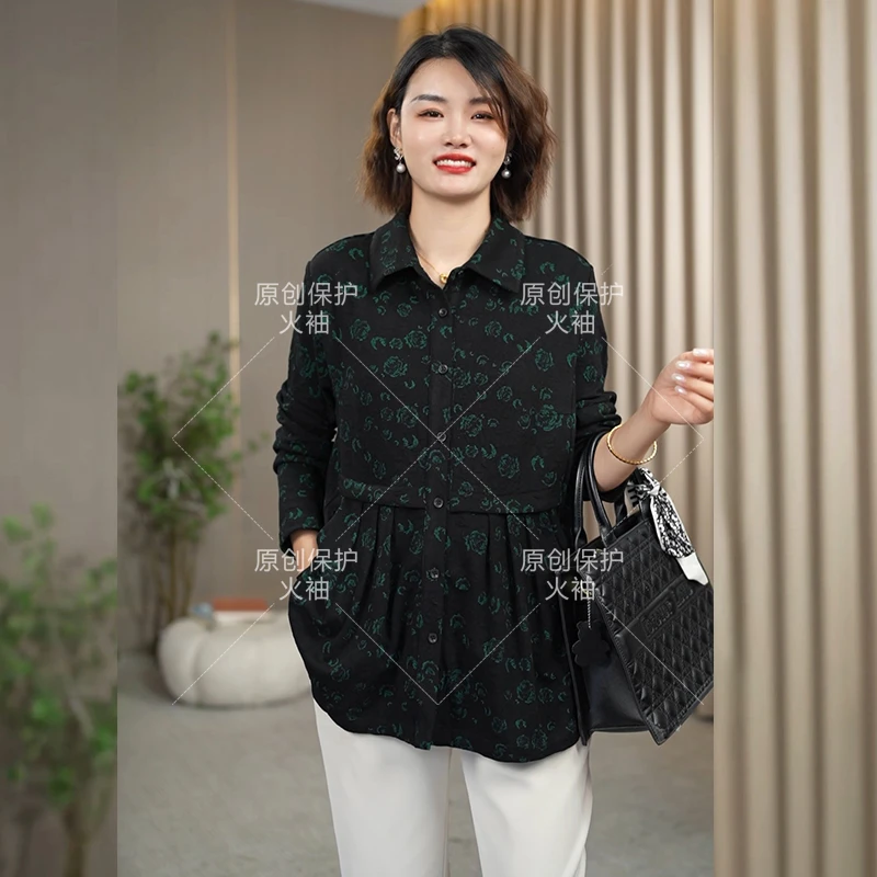 火袖D831时尚POLO领提花2024新款洋气减龄单排扣妈妈装长袖上衣女