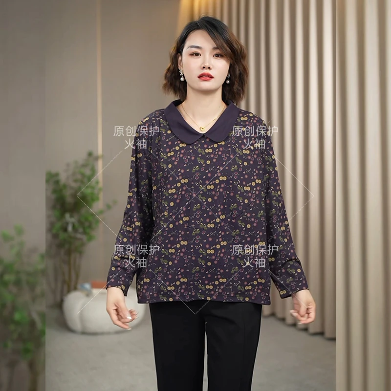 火袖D870气质娃娃领上衣女2024秋季新款宽松显瘦大码长袖打底小衫