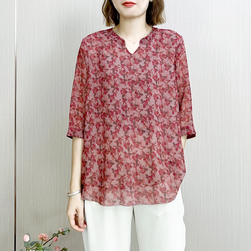 A387时尚新款半开领宽松洋气碎花上衣