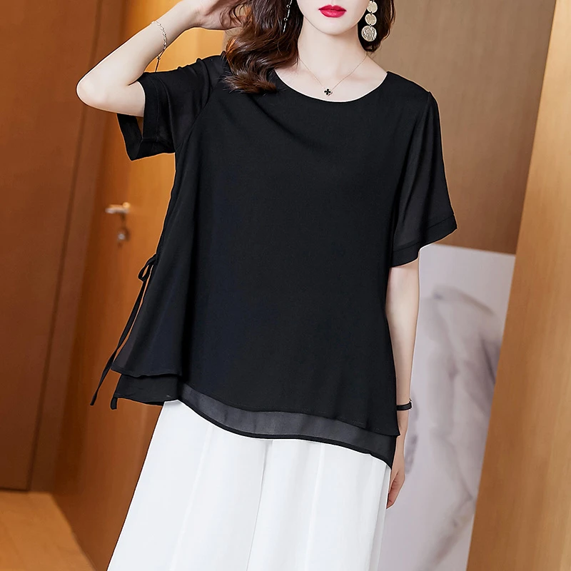2448简约圆领黑色上衣女2024新款宽松遮肚洋气黑色雪纺衫