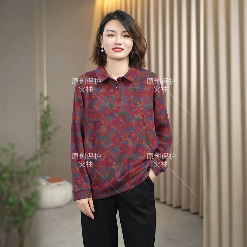 火袖F116时尚娃娃领印花上衣2024新款宽松大码长袖中老年妈妈小衫