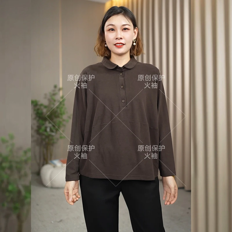 火袖D920娃娃领纯色打底上衣女2024新款休闲宽松百搭长袖大码T恤