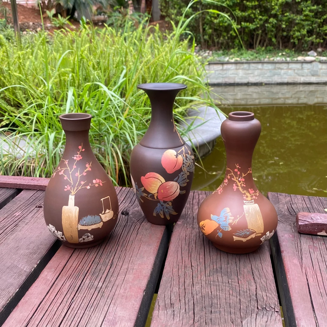 云南建水紫陶茶具平安吉祥彩填花瓶客厅玄关摆件纯手工插花花器