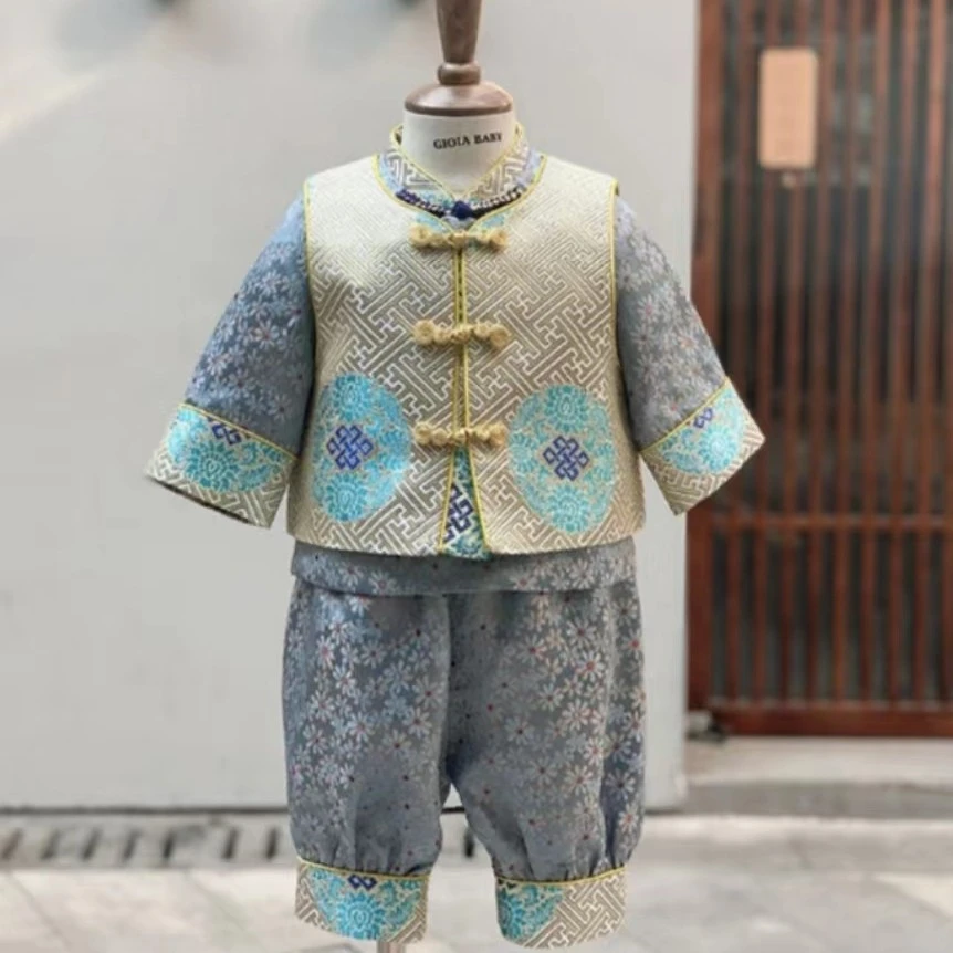 周岁礼服男宝宝高端抓周服百天满月织锦缎唐装套装孩子中国风汉服