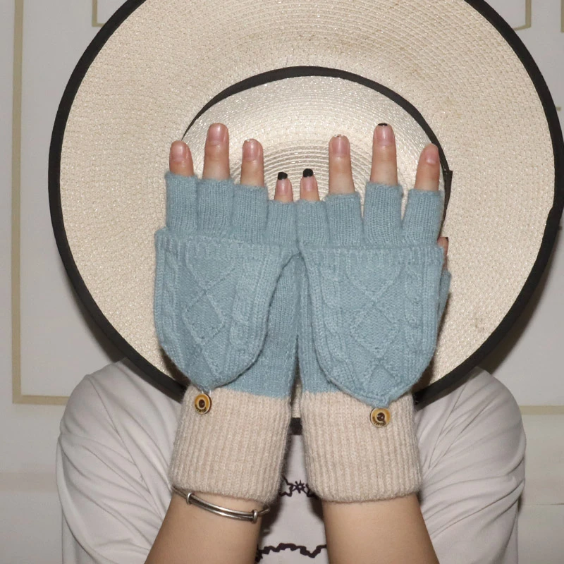 手套半指女翻盖加绒秋冬季防寒保暖学生韩版加厚毛线针织露指手套