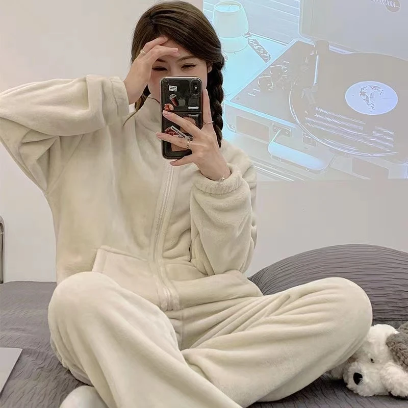 可外穿珊瑚绒睡衣女冬款开衫拉链卫衣套装女韩版家居服两件套H553