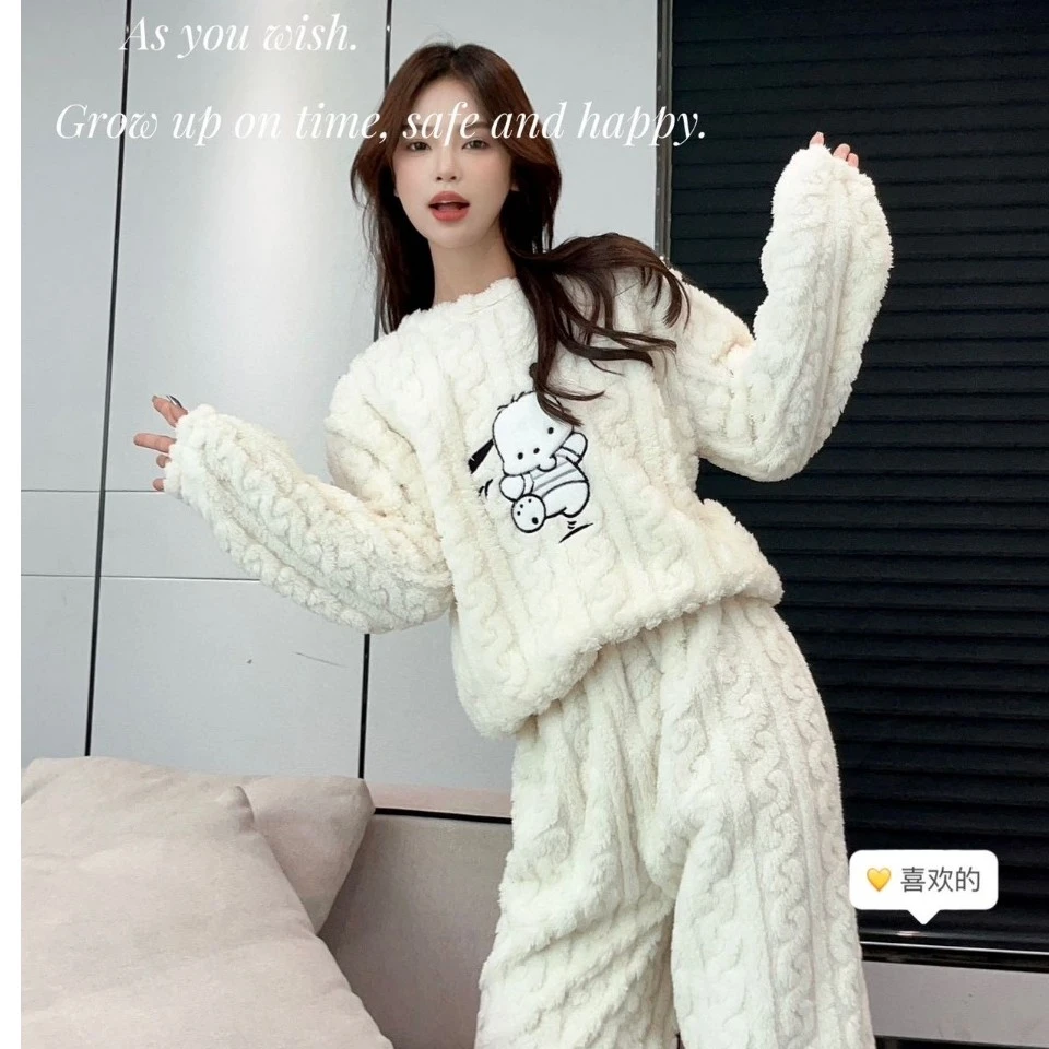 珊瑚绒睡衣女秋冬加绒加厚简约可爱居家服提花绒帕恰狗居家服套装