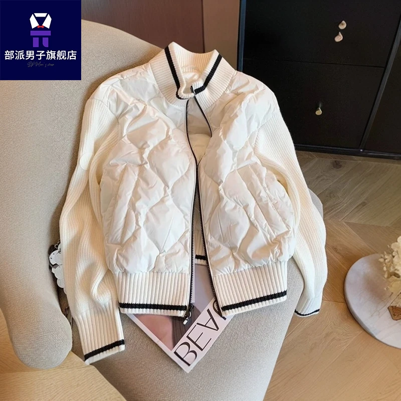 日系复古针织拼接菱格棉服外套男女秋冬宽松立领设计立领棒球服