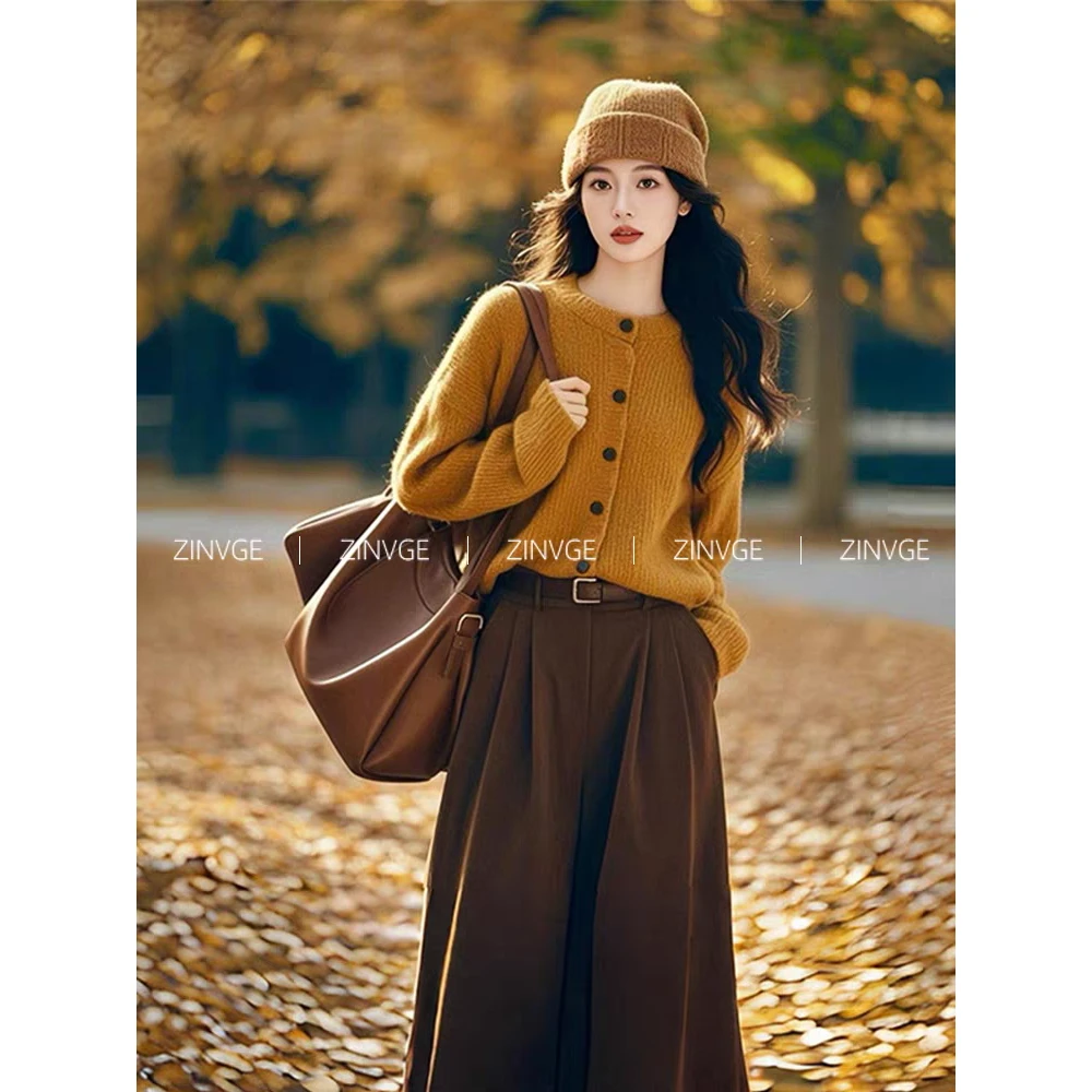 2024秋冬新款韩系慵懒风软糯毛衣女外穿宽松复古针织衫上衣套装女