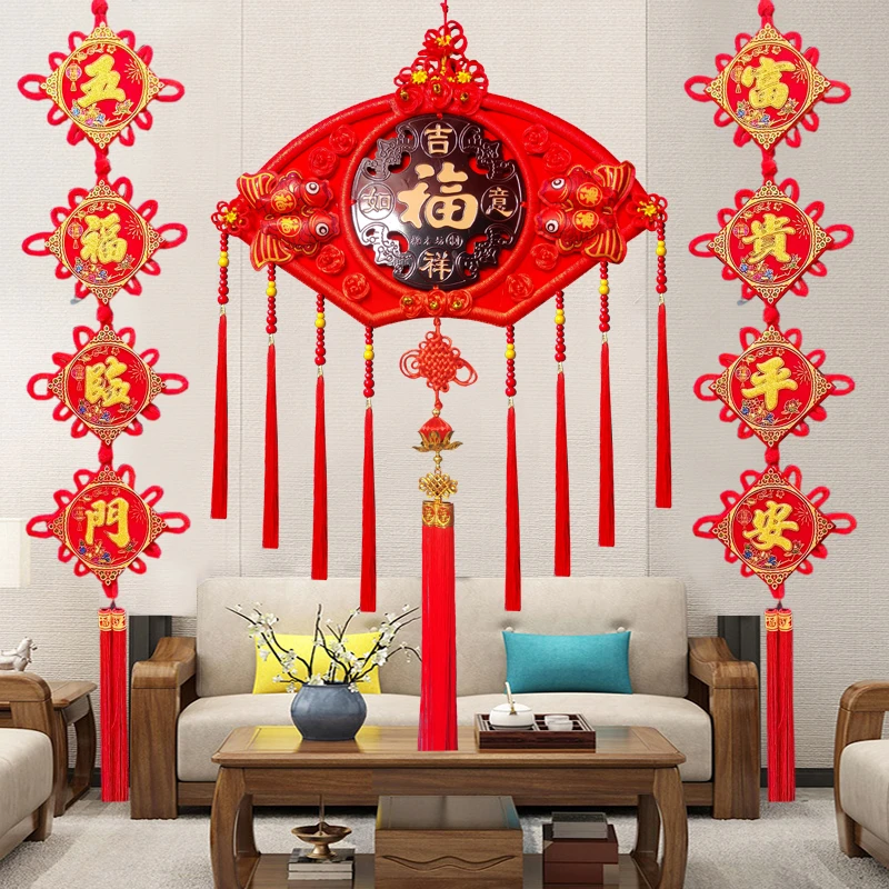 新年加大扇形桃木手编中国结爆款新款2023玄关客厅电视背景墙过年