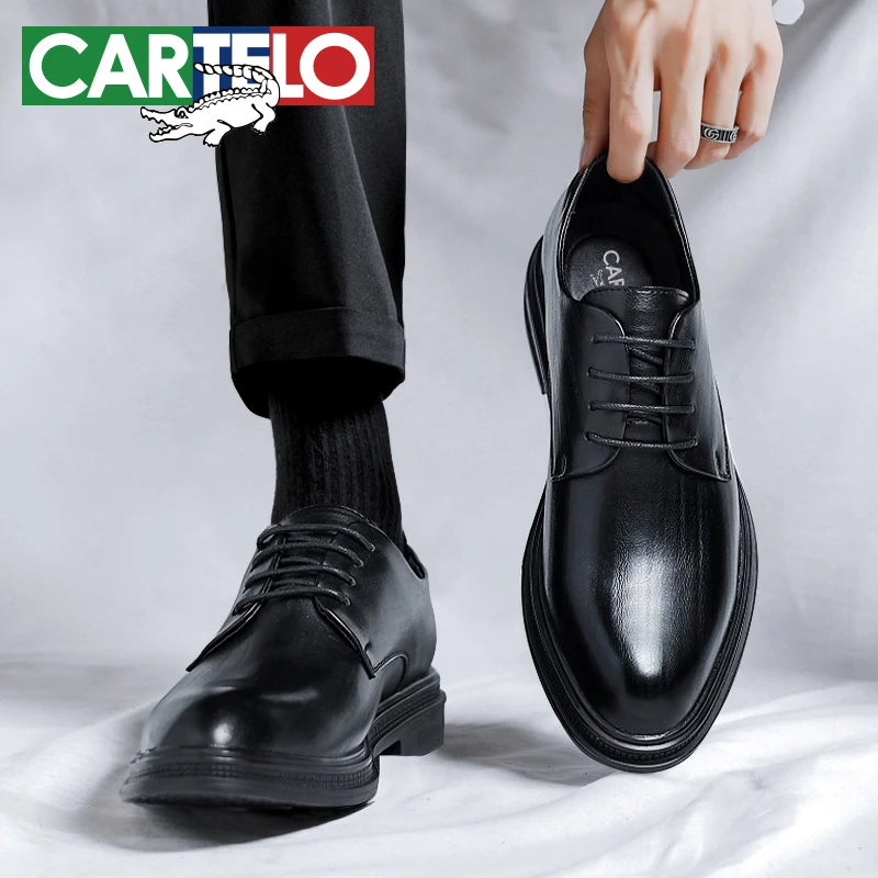 CARTELO/卡帝乐鳄鱼休闲男皮鞋厚底商务黑色加绒棉皮鞋男系带男鞋