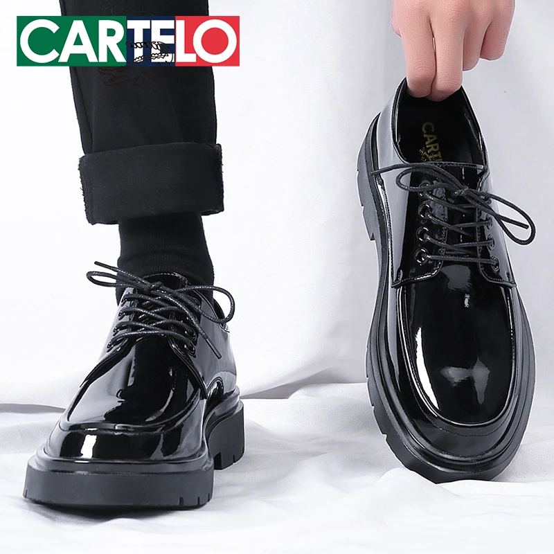 CARTELO/卡帝乐鳄鱼男士商务正装皮鞋男秋季厚底系带亮面休闲皮鞋