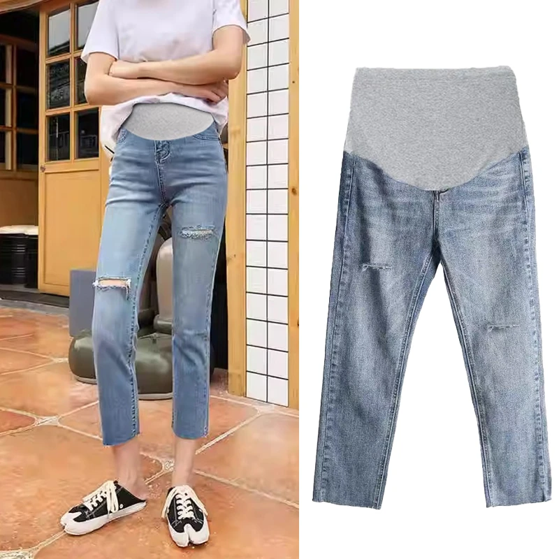 孕妇裤子破洞直筒牛仔裤2024年夏季新款显瘦宽松九分烟管裤195