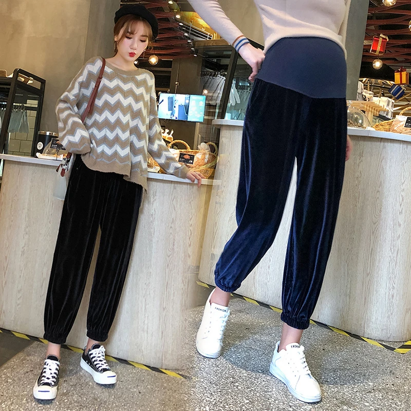孕妇裤金丝绒束脚裤女新款宽松显瘦时尚垂感九分裤女黑色裤子1225