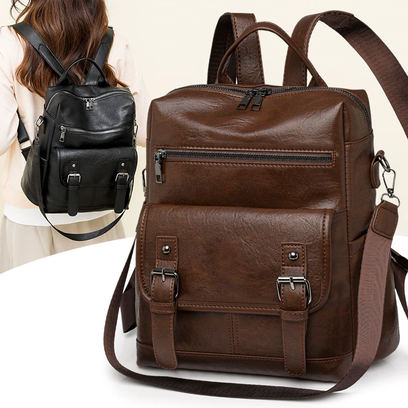 美式复古软皮双肩包女新款小众设计感防水旅游小书包上班通勤背包