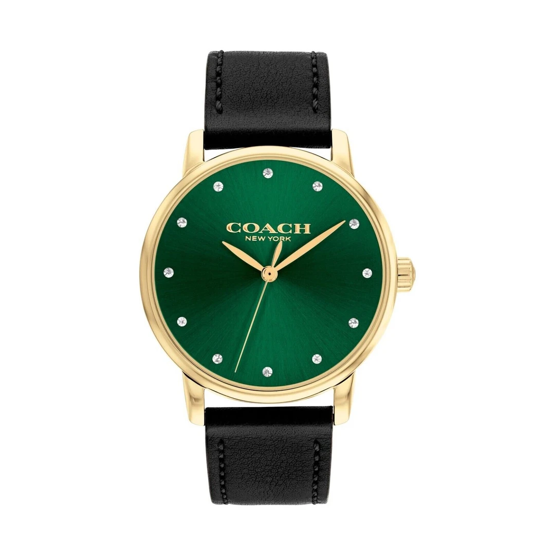 COACH/蔻驰美国直邮14503972绿色表盘黑色皮表带女士腕表百搭时尚