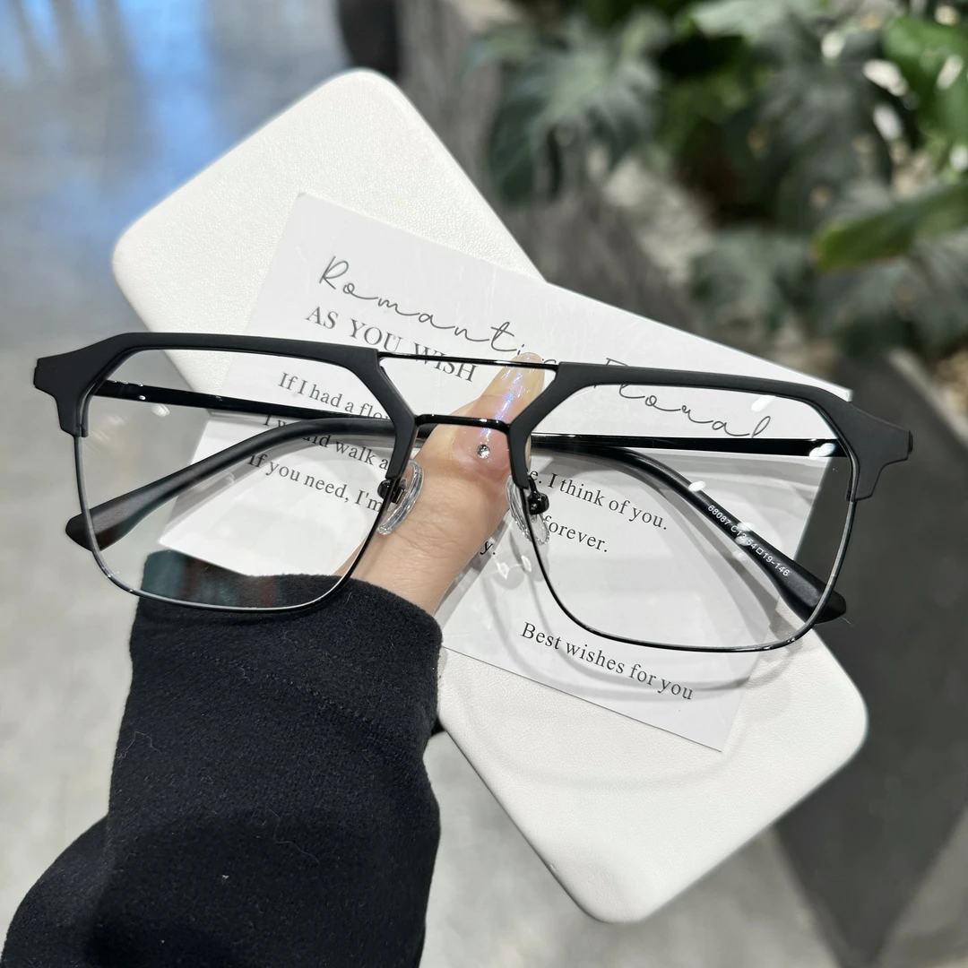 小罗弟方形双梁黑框圆脸眼镜男士防蓝光变色近视眼镜大框平光潮流