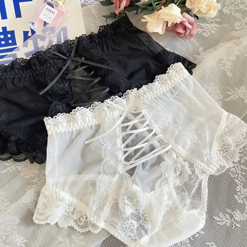 日系外贸大码内裤女士胖mm200斤甜美性感纯欲风蕾丝透明火辣网纱