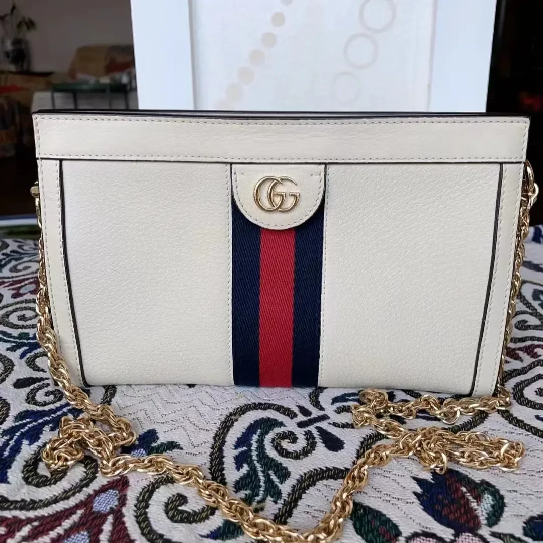 99新 GUCCI/古驰 白色夹子中号/链条包/D店