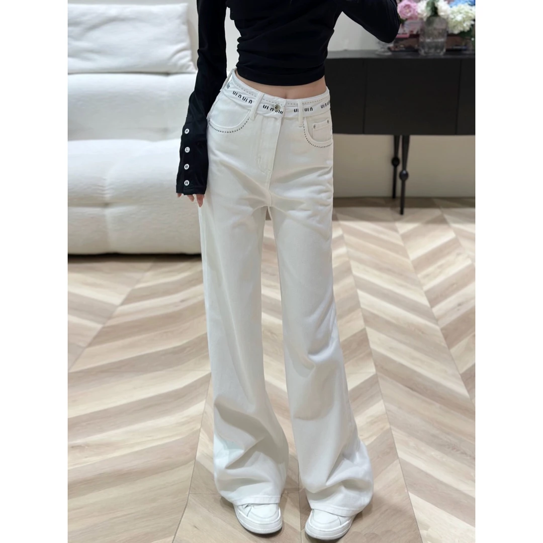 高级感字母牛仔裤女新款2024春季爆款高腰显瘦窄版直筒阔腿长裤子