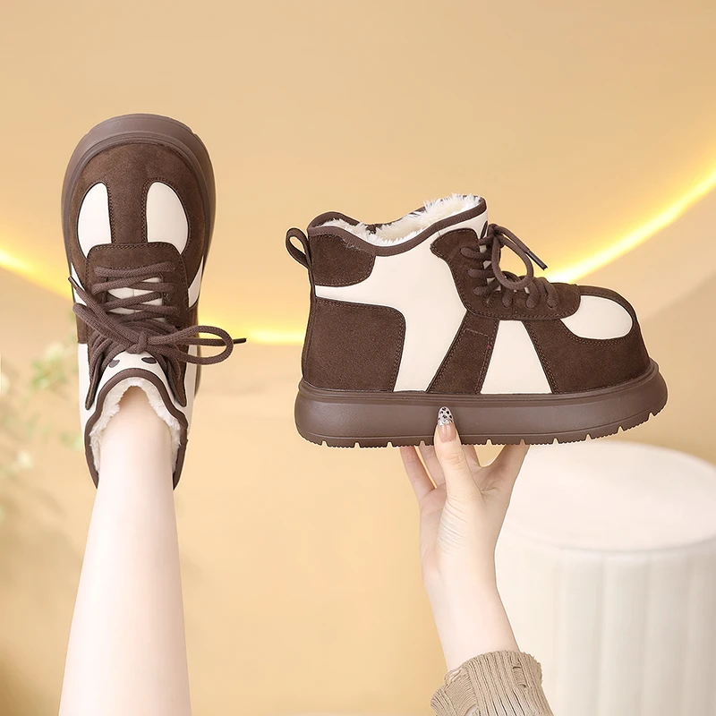 休闲雪地靴女2025冬季厚底大头加绒加厚大头棉鞋女保暖拼色面包鞋