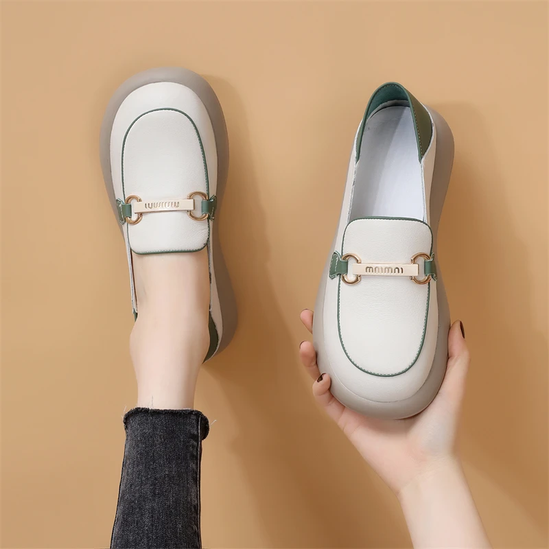 真皮一脚蹬乐福鞋2024春季新款软皮软底防滑白色平底休闲豆豆鞋潮