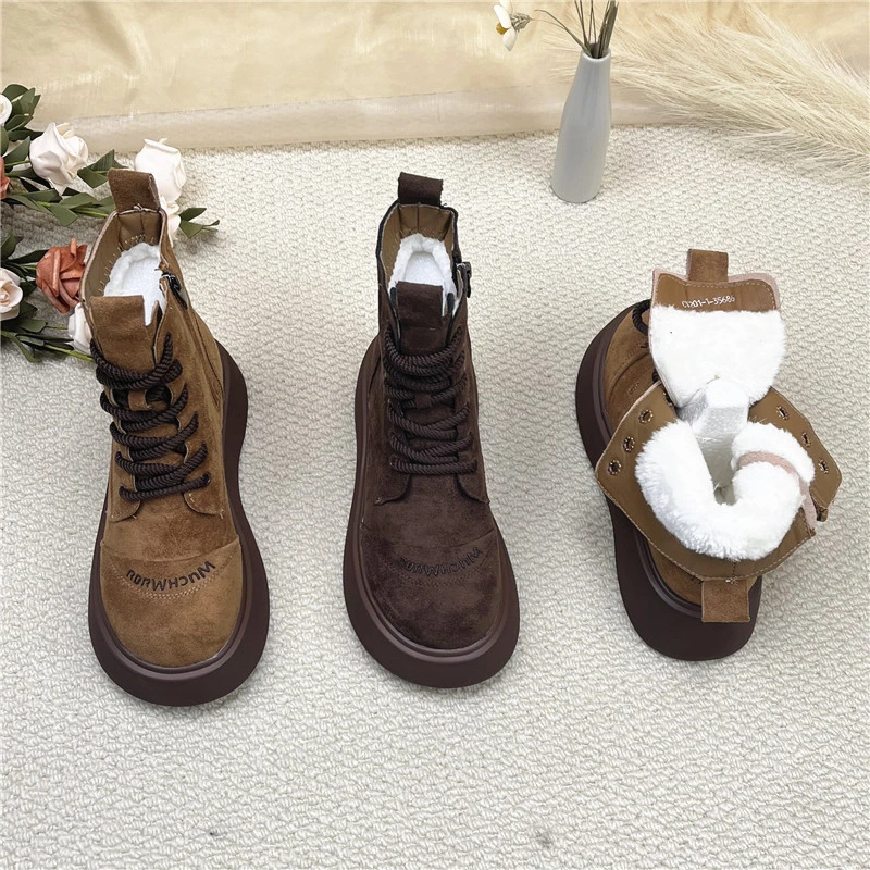 厚底勃肯鞋加绒马丁女鞋子2025新款冬季咖啡色保暖复古大棉雪地靴