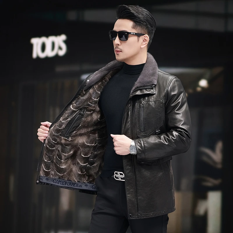 23217男士真皮皮衣山羊皮内胆水貂休闲保暖外套