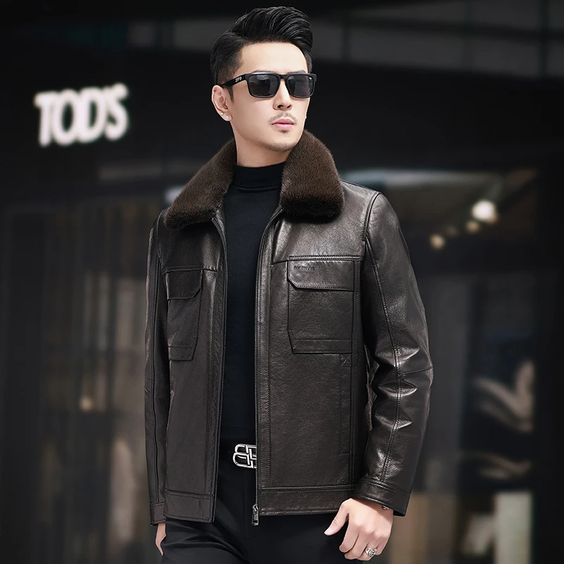 23203海宁男士真皮皮衣山羊皮水貂领内胆可脱卸羽绒内胆夹克外套