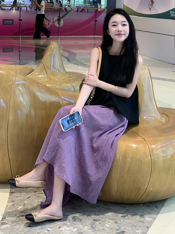 夏装搭配一整套韩系2024新款清纯甜美无袖上衣紫色半身裙两件套装