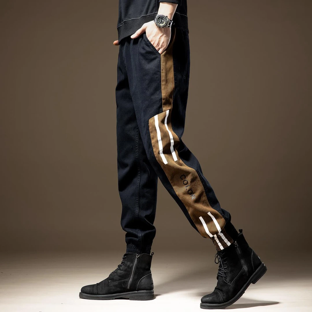 Romon/罗蒙美式侧条纹休闲裤男士秋季新款宽松束脚运动工装长裤子