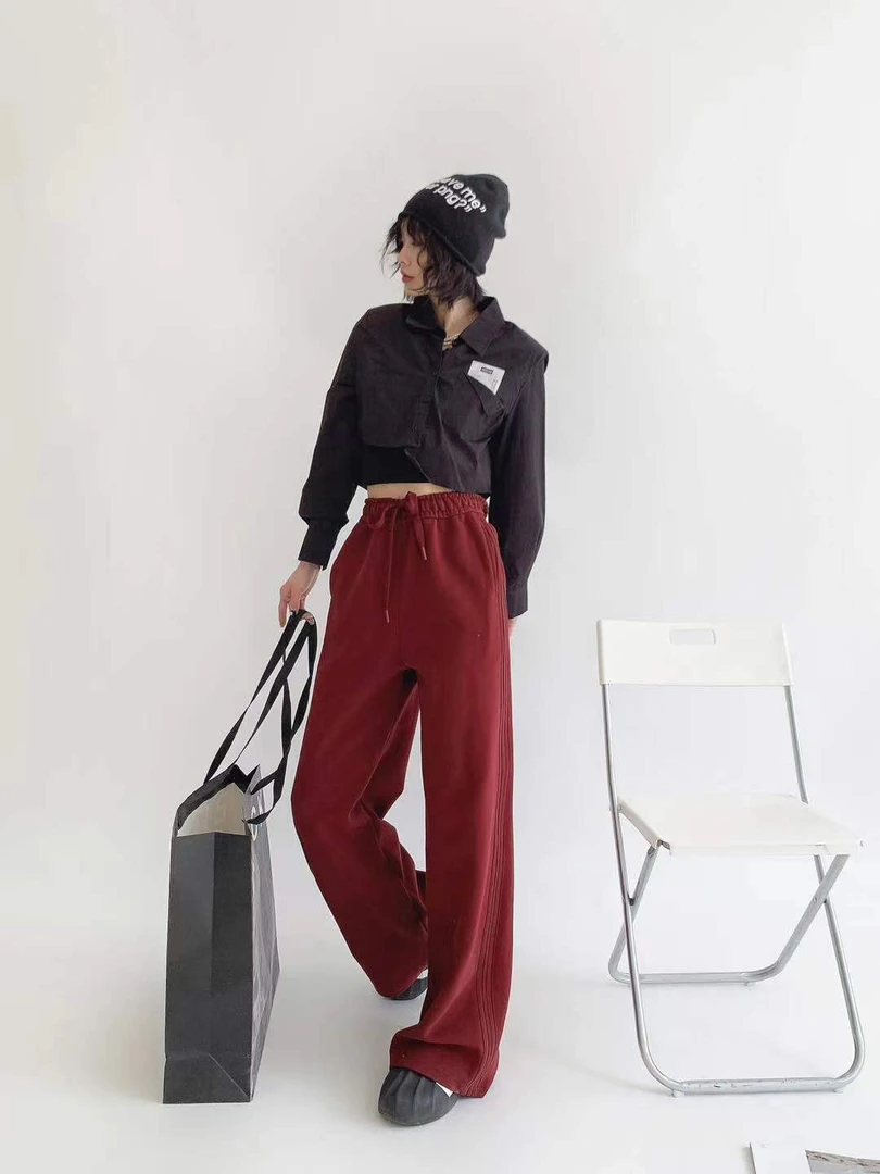 020 春款不加绒 纯色侧拼简约百搭慵懒风显瘦阔腿裤（6053）