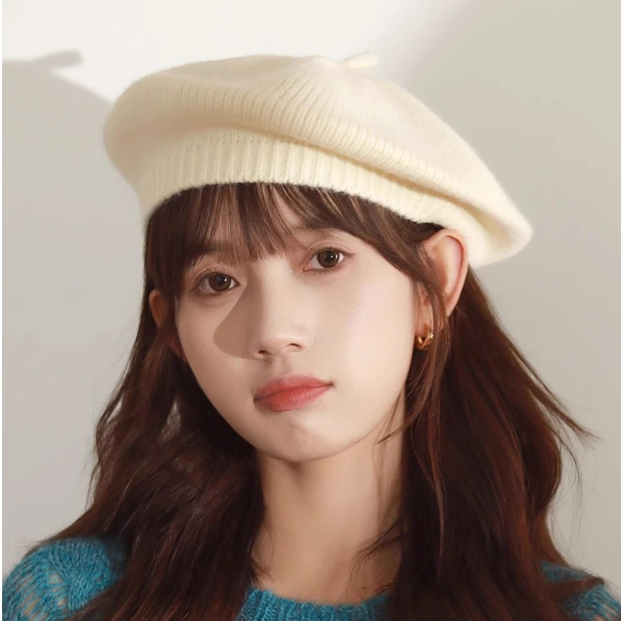 日系光版针织贝雷帽女生秋季气质简约纯色蓓蕾帽文艺复古画家帽子