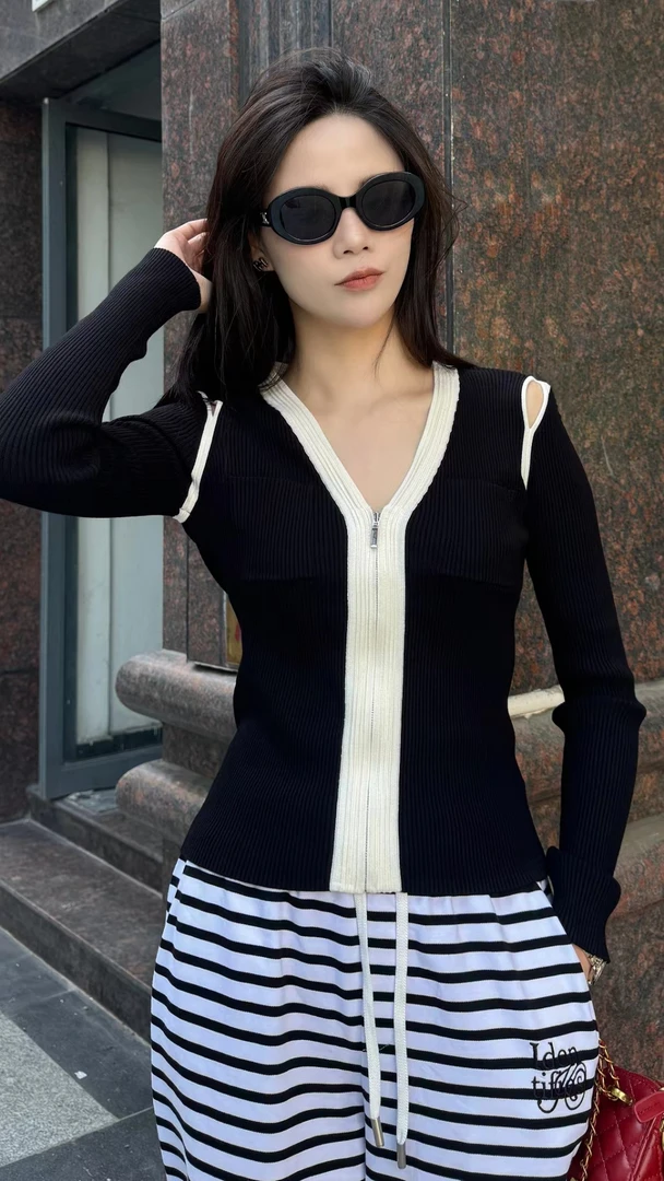 易缔媤拉链V领针织长袖开衫