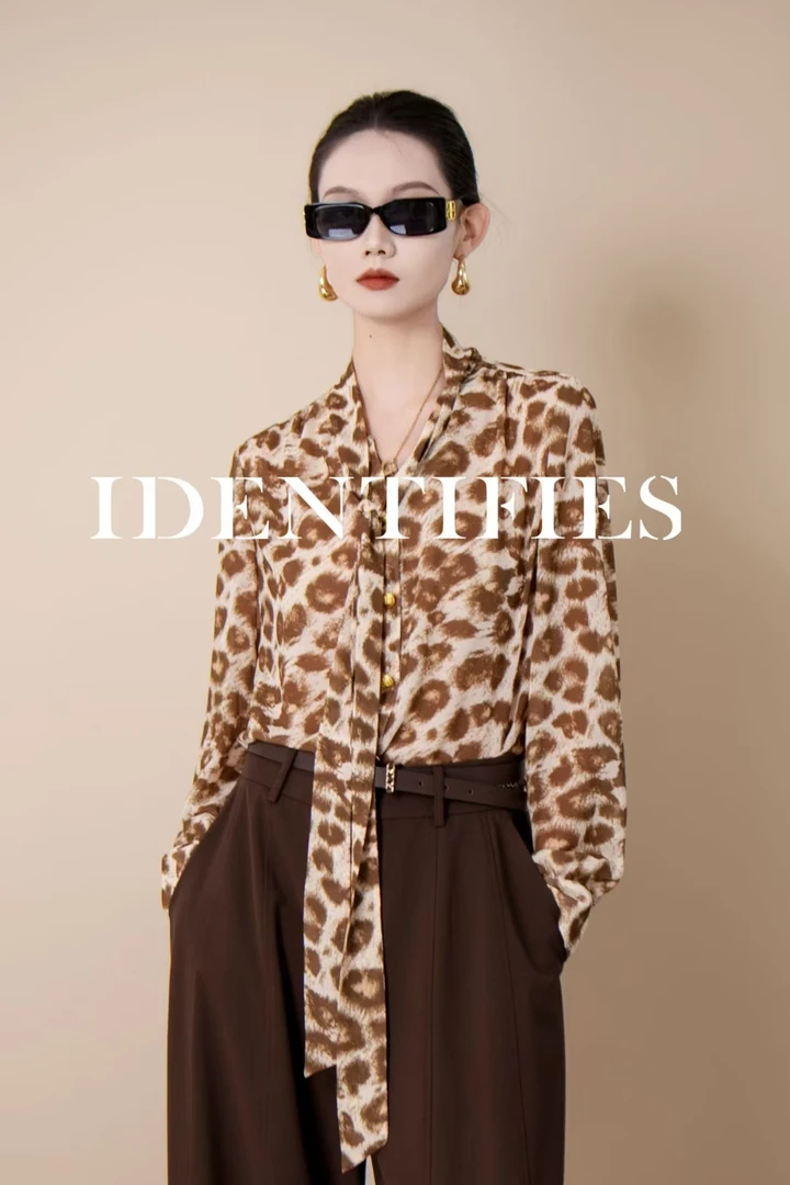 易缔媤新款飘带豹纹时尚气质衬衫