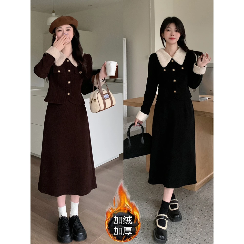 气质套裙女小香风大码女装胖MM春秋加厚加绒小香风套装裙两件套